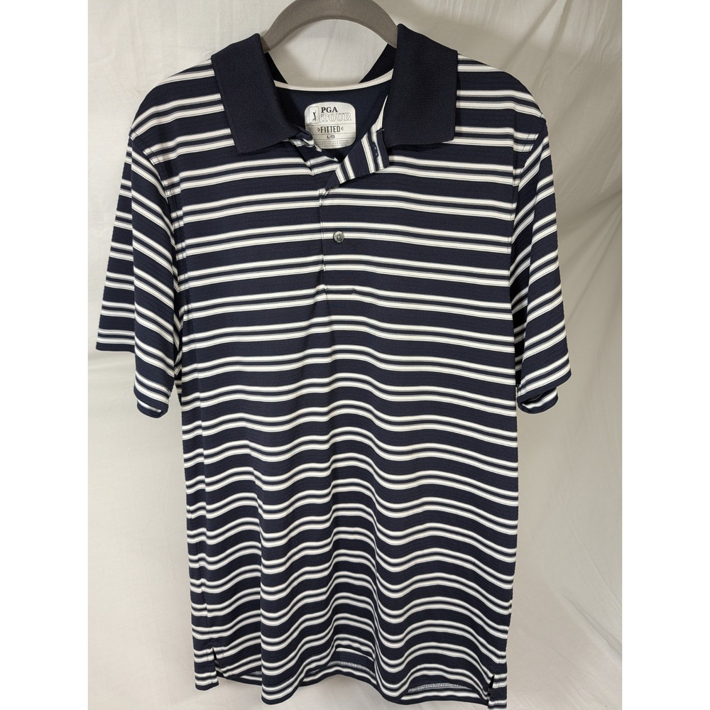 PGA Tour Pro Series Polo Shirt Mens Large Blue Striped Athletic Golf Performance